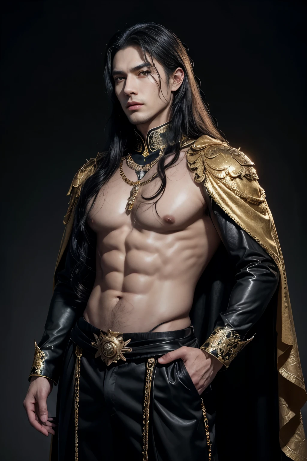 (8k,photorrealistic RAW photograph Maximum quality;1.4) (1 Korean) Super handsome king of the underworld sorcerer (lifelike face) (Jet black hair, long curly hair in the wind) slenderbody Muscular and macho grandes olhos negros Metallic aristocratic attire with black robes Golden flower decorations Fangs peeking out of the mouth Pointed claws a seductive gaze Beautiful expression A hyper-realistic (King of the Underworld) appealing (real looking skin) super high resolution high détail Luxury pants with black details Aura with black flowers emanating from the body effect Golden flower metallic cape