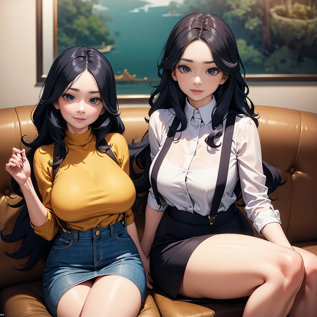 lies on the couch, looking mature., A woman with long, black, wavy hair, Wearing suspenders, Full figure, Exquisite facial features, Lifelike image quality, an asian woman, Age about 40 years, Surrealism