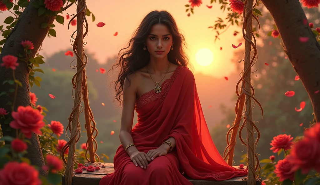 Yakshini Anuragini - The Embodiment of Passion, An alluring Yakshini named Anuragini, depicted in a lush, romantic garden filled with blooming red roses and jasmine. She is seated on a swing made of golden vines, gently swaying in the breeze, her expression one of deep longing and desire. She is dressed in a flowing red sari that contrasts beautifully with her fair skin, her eyes soft and filled with emotion. The evening sky is bathed in the warm colors of sunset, with petals falling around her, creating a dreamy, passionate atmosphere.