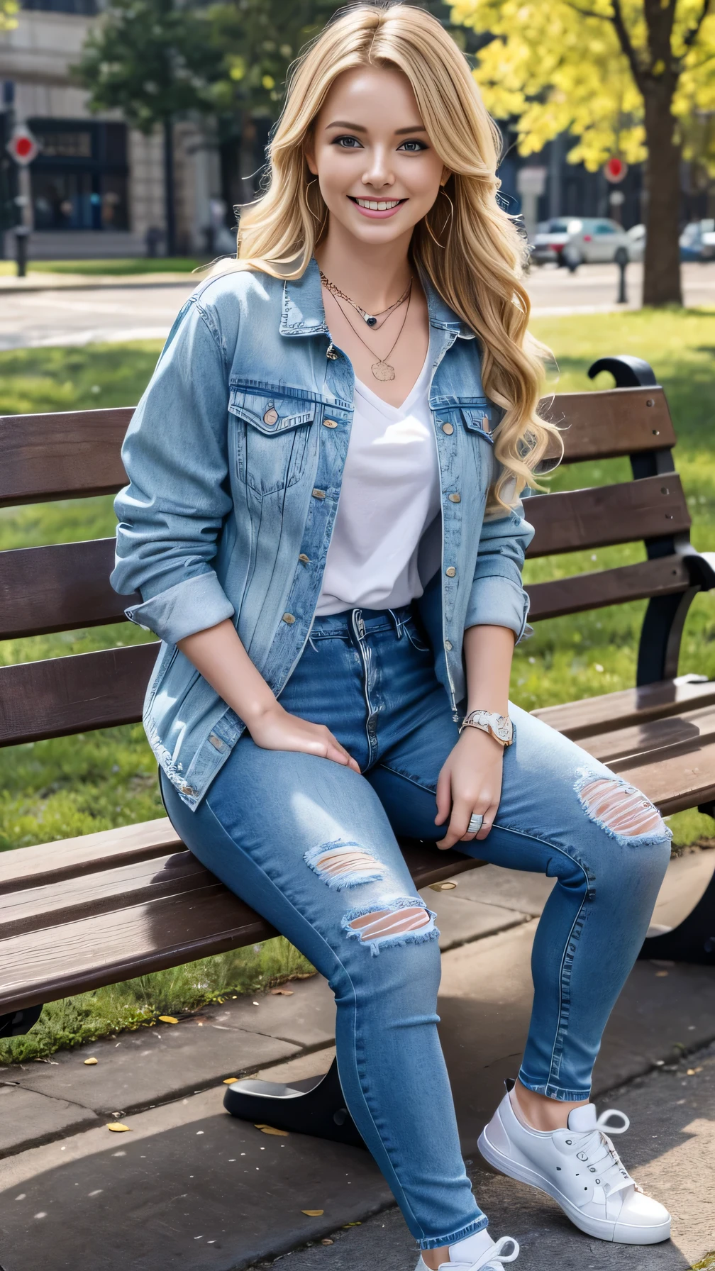 Super Resolution、Beautiful white woman、Full body photo、sitting on a park bench、Blonde Hair、blue eyes、Wavy Hair、、ear piercing、necklace、Denim jacket、shirt、Skinny jeans、sneakers、Wearing black socks、smile、Beautiful teeth alignment