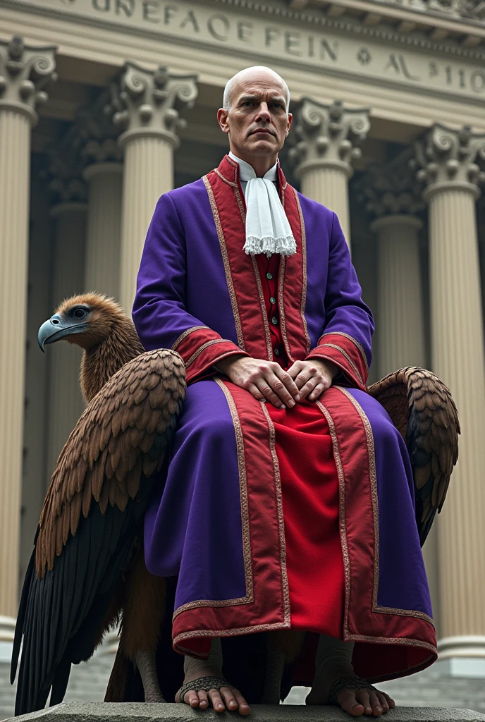 Bald Alexandre de Moraes dressed in a purple and scarlet judicial toga like a prostitute of the apocalypse, sitting on the urubu of the Brazilian Supreme Federal Court.