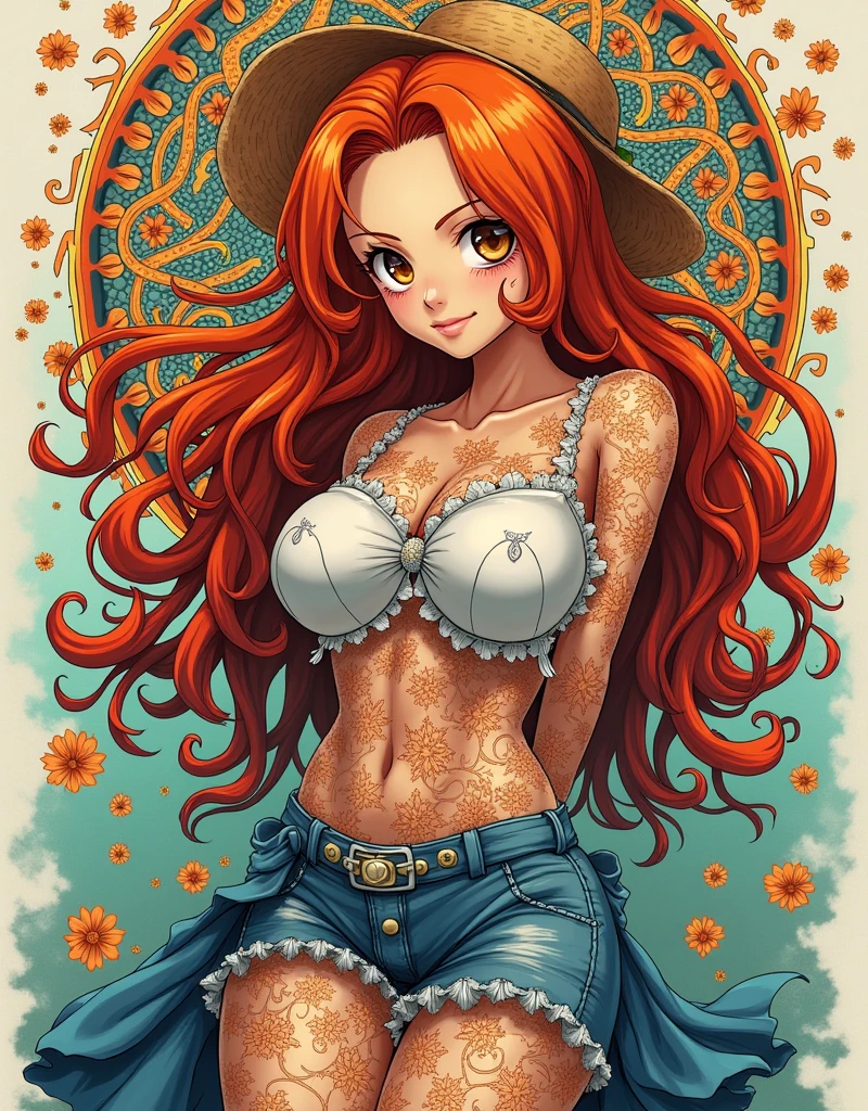 (((Nami))), (One Piece), orange eyes, orange hair, art nouveau, Official art, Unity 8k Wallpaper, Ultra-detail, Beautiful and aesthetic, masterpiece, Best Quality, (zentangle, mandalas, Tangle, Entangle), (fractal art:1.3), 1girl, huge tits, extra thick thighs, Extremely detailed, Most Beautiful Form of Chaos, elegant, a brutalist designed, vivd colour, romanticism, Atmospheric, arms behind back, (((((anime style))))), thick body, think waist, big hips,