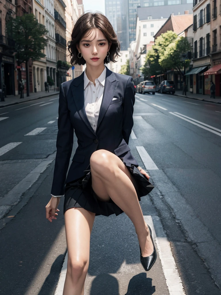 absurdres, RAW photo, extremely delicate and beautiful, masterpiece, Best Quality, ultra high resolution, 32k, hyper realistic, ultra-detailed, Very detailed CG 8k wallpaper, detailed background, landscape, Beautiful Lighting, Perfect Lightning, Realistic Shadows, perfect anatomy, anatomically correct, ideal ratio body proportions, perfect figure, Perfect Style, Perfect balance, super Detailed skin, in her 30s, very Slim body, narrow waist, very small head, very small face, delicate facial features, handsome detailed woman, very detailed eyes and face, realistic face proportions, Realistic beautiful face, Realistic beautiful eyes, tearful mole, earring, full body shot, whole body shot, very huge round tits, medium short hair, asymmetrical hair, wavy hair, legs, foot, outdoor, business suit, blazer, skirt,