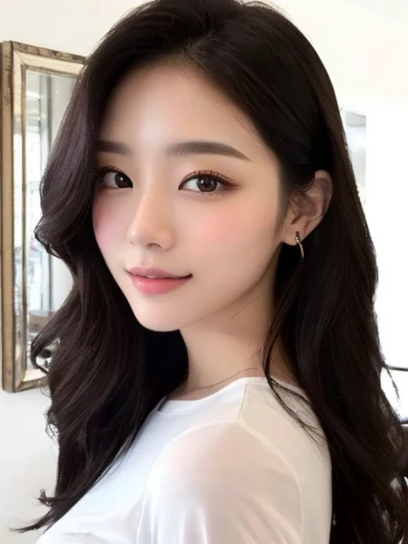 masterpiece、Highest quality、Realistic、超High resolution、High resolution、16k wallpaper、Very detailed、Finer details、Bright studio lighting、(depth of field:1.9)、In front of the mirror at a stylish hair salon、18-year-old female、Realistic Skin、smile、((Dark Eyes))、Fine eyelashes、Mouth details、Translucent white skin、A woman with platinum gold earrings, long dark hair and a white shirt is posing for a photo, Gorgeous Young Korean Woman, Young and adorable Korean face, Beautiful Korean Women, Beautiful young Korean woman, Popular Korean makeup, Popular Korean makeup, Young and pretty Asian face, Korean, TWICE's Tzuyu, With a cute - lovely - face, Jaeyoung Nam, Beautiful aesthetic face