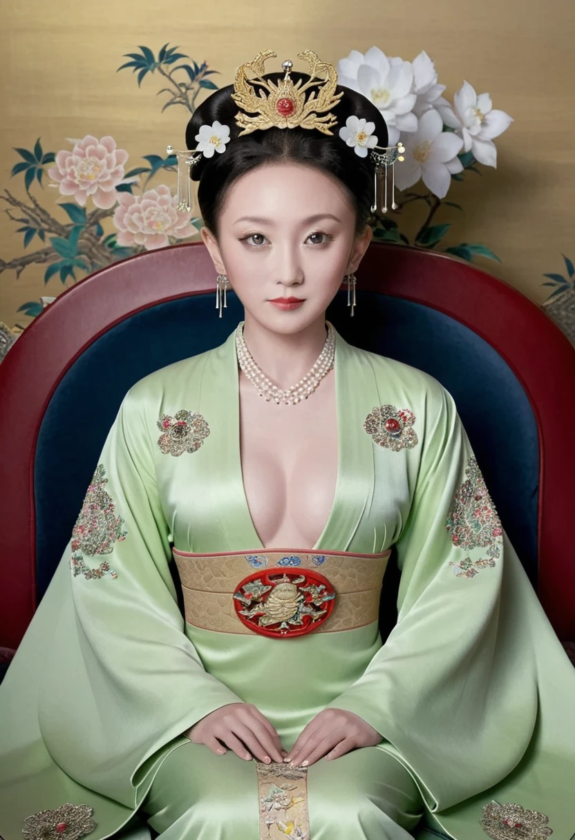 From the pre-Qing period, The Empress is naked on the gold sofa in the palace, Her eyes are wide open, Her legs were spread, big naked breasts. At the Chinese court during the Qing Dynasty, Empress of the Qing Dynasty, Empress of China, Wearing a large crown, Belly and thighs visible from below.。She is completely naked, Showing off gorgeous large flowers and hairpins, She tied her hair up and pulled it up, 背景はEmpress of the Qing Dynastyの豪華な宮殿.