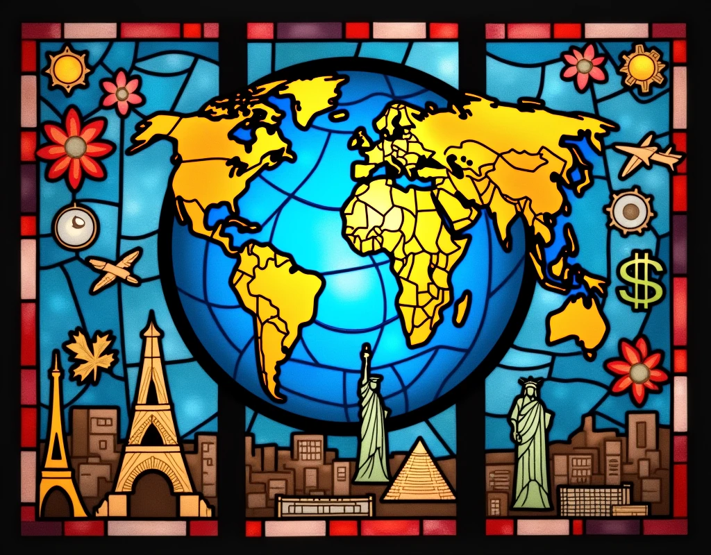 Create an art about globalization. Make it like the stained glass on church windows. Include objects relating to or depicting economy , finance , culture. Diversity, travel, education. Peace, wonders of the world, interner. Just use 1 single big stained glass. Add details like the wonders of the world , dollar peso euro yen sign , food, music, gears , internet , connectivity. Fit to screen. More details. Add planes, a suitcase , cogs , money sign , eiffel tower , pyramid , statue of liberty. Just a single big window. Make the globe smaller and the other details bigger