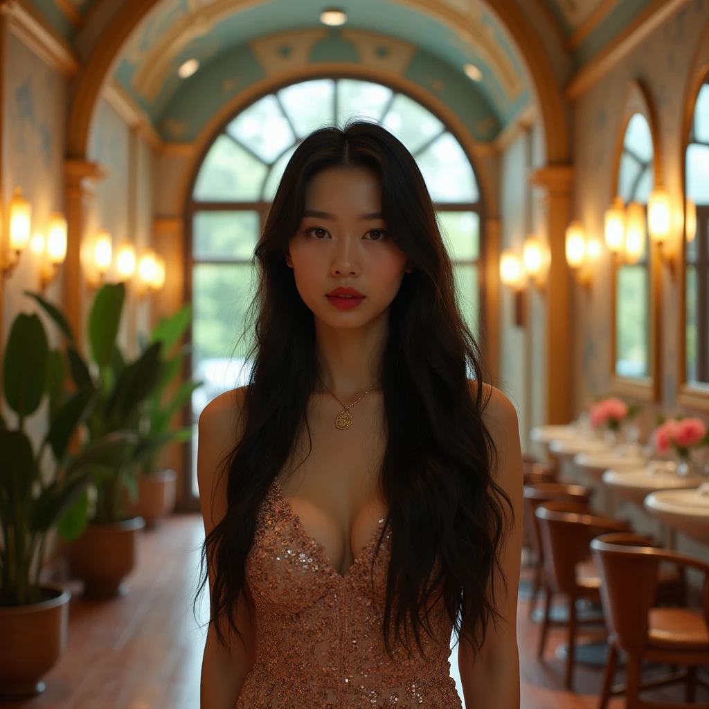 Key visual shoot for a beauty salon featuring a Japanese woman with long black hair and red lips standing in the center of a Wizard of Oz-like space