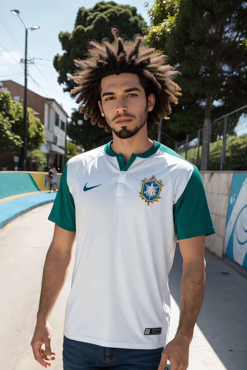 White man's face,com skate, Brazil shirt, sem beard, curly hair cut on the sides, image behind skateboard track, realistic images