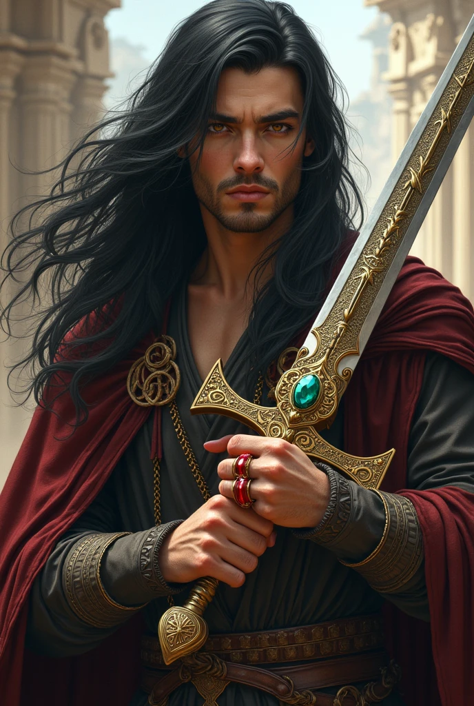 create a character with black hair, black brown eyes, and clothes from a similar society in a fantasy world, and this character has an ancient but powerful sword and on his right hand a red gold ring with emerald grooves on the ring finger