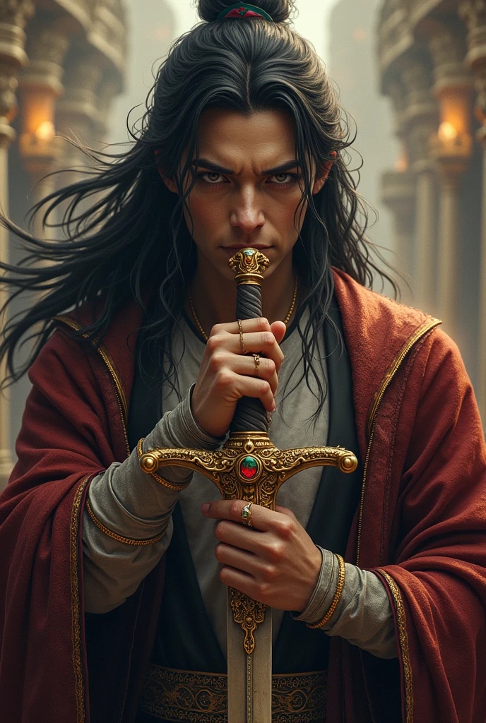 create a character with black hair, black brown eyes, and clothes from a similar society in a fantasy world, and this character has an ancient but powerful sword and on his right hand a red gold ring with emerald grooves on the ring finger