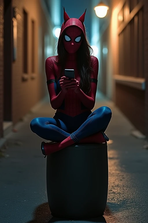 (On the dark web、I see posts saying they paid Spider-Woman a few dollars for sex。Because I was interested、I messaged the poster and asked for more details.、I was told that you can find Spider-Woman in a specific alleyway every Sunday night around 11pm。Based on this information、Looking forward to Sunday、When that day comes、I'm heading to that alley。Spider-Woman is found sitting on a large trash can and using her cell phone.。At first、She won't notice you until you make a noise。Then、She checks her phone)「Hey、You came to make a deal?」Long Hair, chest, chest, chest, Animal ears, Sticking out tongue, mask,