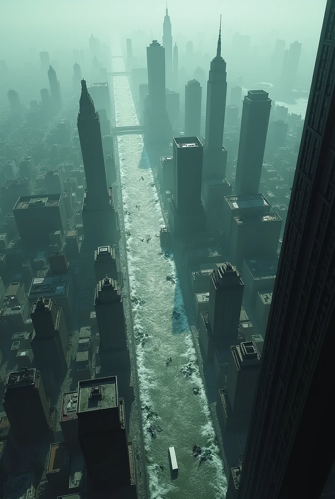 Flooded New York City, the view is from the top of a building