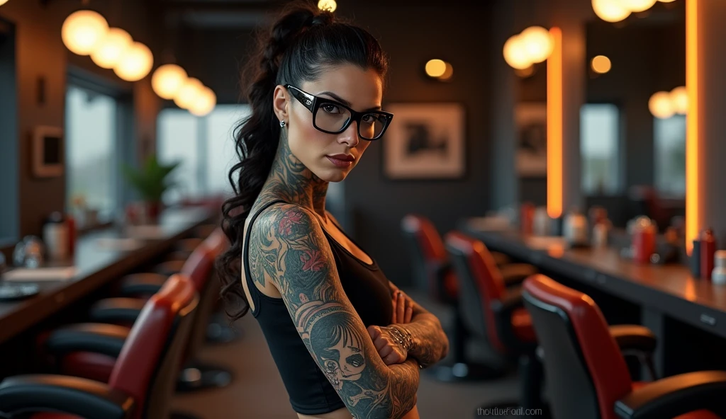 a heavily tattooed and pierced female barber in the empty space of a HI-TECH barber shop, very charismatic, sexy, with a body shape like Monica Bellucci, stunningly interesting, 5'7" tall, 45 years, in dark glasses.
The style is modern and atmospheric, with an emphasis on detail. The main focus is on the expressiveness of the character and the luxurious setting of the barber shop.
The angle is chosen so, to show the barber in a close-up from the waist up. This allows you to focus on his charismatic image, tattoos and piercings. The barber occupies the central place in the frame, leaning slightly towards the camera, which creates an effect of intimacy and engagement of the viewer. The barbershop is modern and upscale, with sleek, dark toned decor, leather chairs, and polished surfaces. The lighting in the room is soft, highlighting the luxury of the barbershop, illuminating interior elements, executed with great attention to detail.
The color palette is kept in warm tones, in rich colors. Dark and rich colors predominate: deep brown and black interior hues, golden yellow and soft warm light accents, illuminating tattoos and details of the room. The barber's skin tone is natural, but somewhat enhanced for contrast with his dark tattoos and clothing. tattoos, In turn,, stand out in bright colors