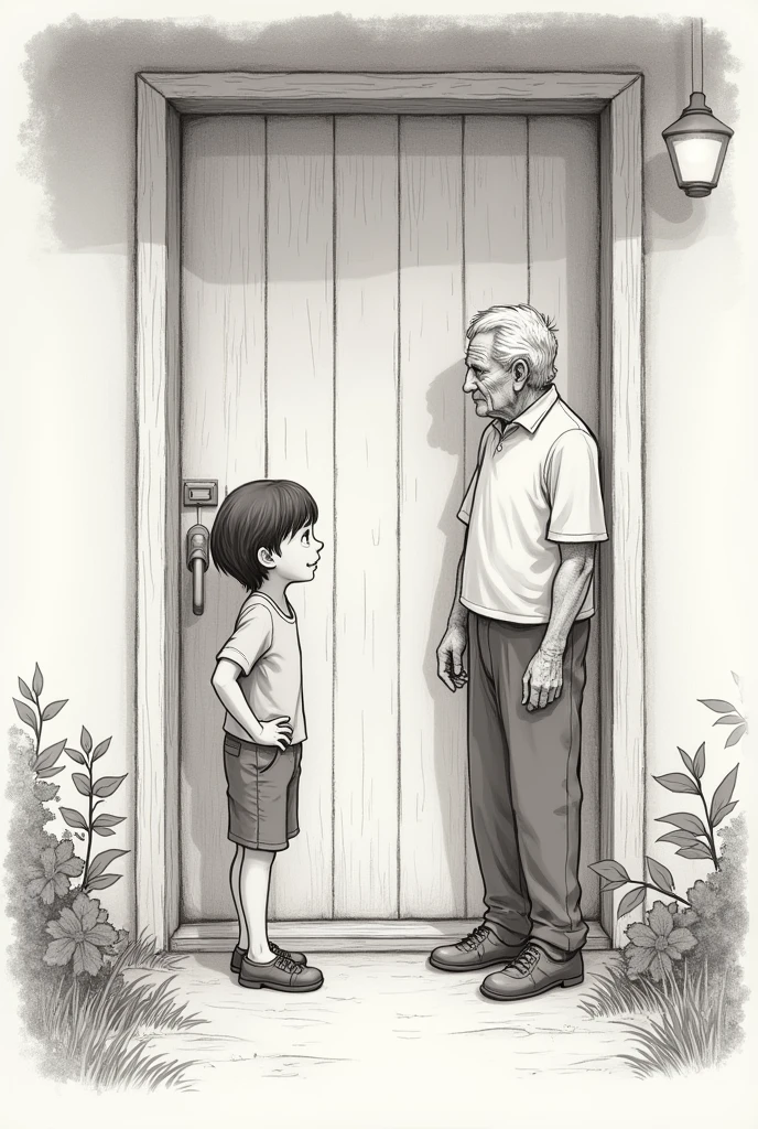 One of them talking to their grandparents at the door of an ordinary house. use drawing lines