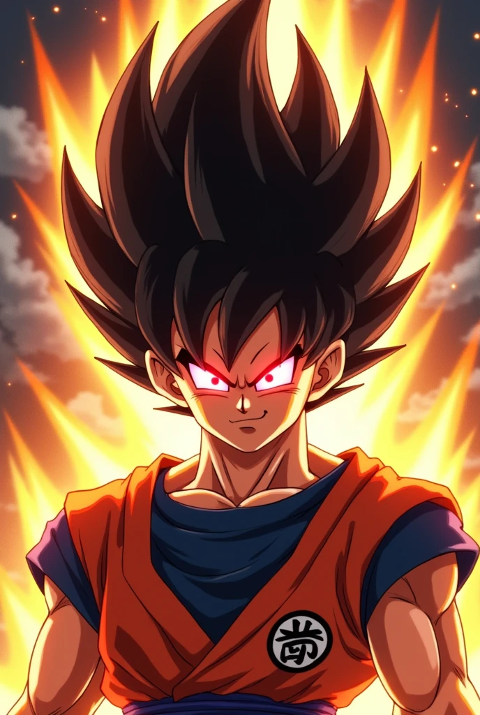 Super Saiyan Goku but with black, raised hair and red eyes