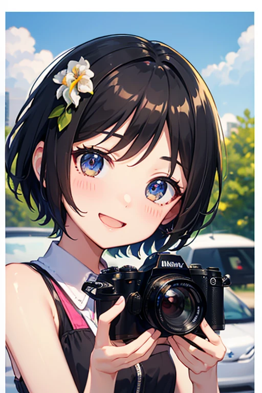 Highest quality、Black Hair、Iris、short hair、、cute、、、Small hair ornament、1 person、Photographer、Car photography、Take a picture of the car、Have a single-lens reflex camera、Taking pictures with a happy expression