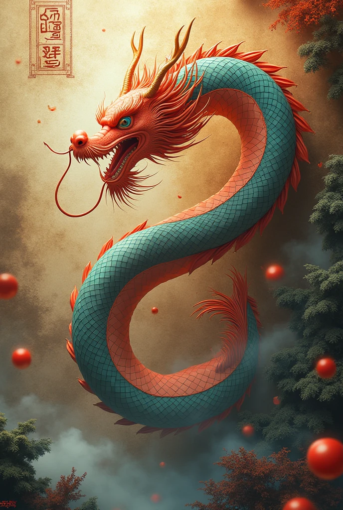 Mythological Creatures，Chinese dragon，Chinese traditional elements，Ancient murals，Explanatory myth，Fuyao Legend，Dappled Light，hazy，Mysterious atmosphere，masterpiece，HD，colorful，details，Seven colors