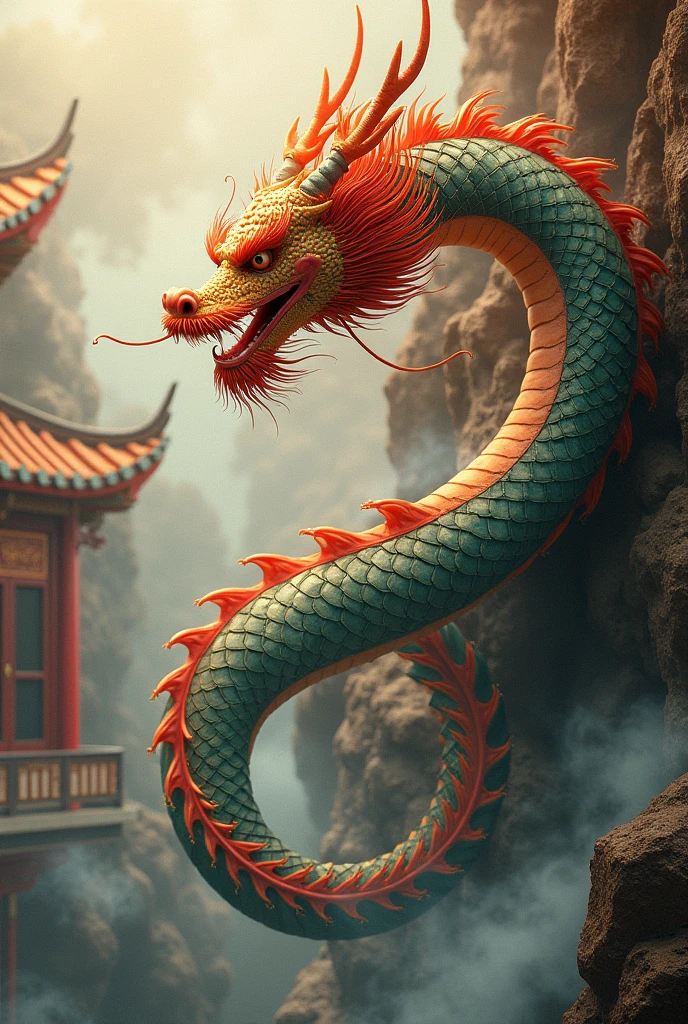 Mythological Creatures,Chinese dragon,Chinese traditional elements,Ancient murals,Explanatory myth,Fuyao Legend,Dappled Light,hazy,Mysterious atmosphere,masterpiece,HD,colorful,details,Seven colors