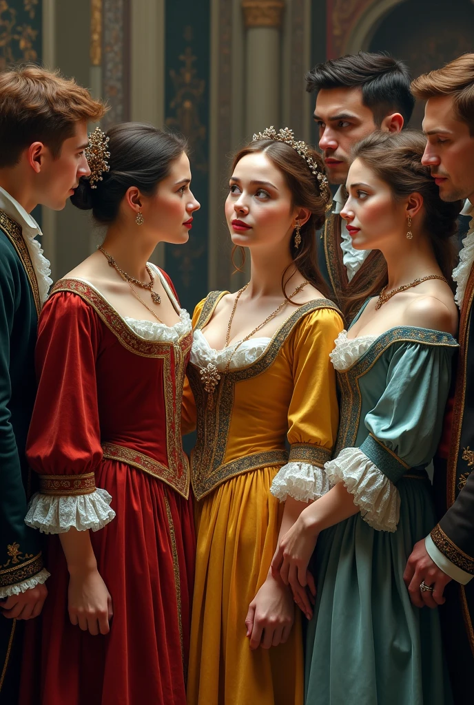 Men and women amazed by 18th century clothing
