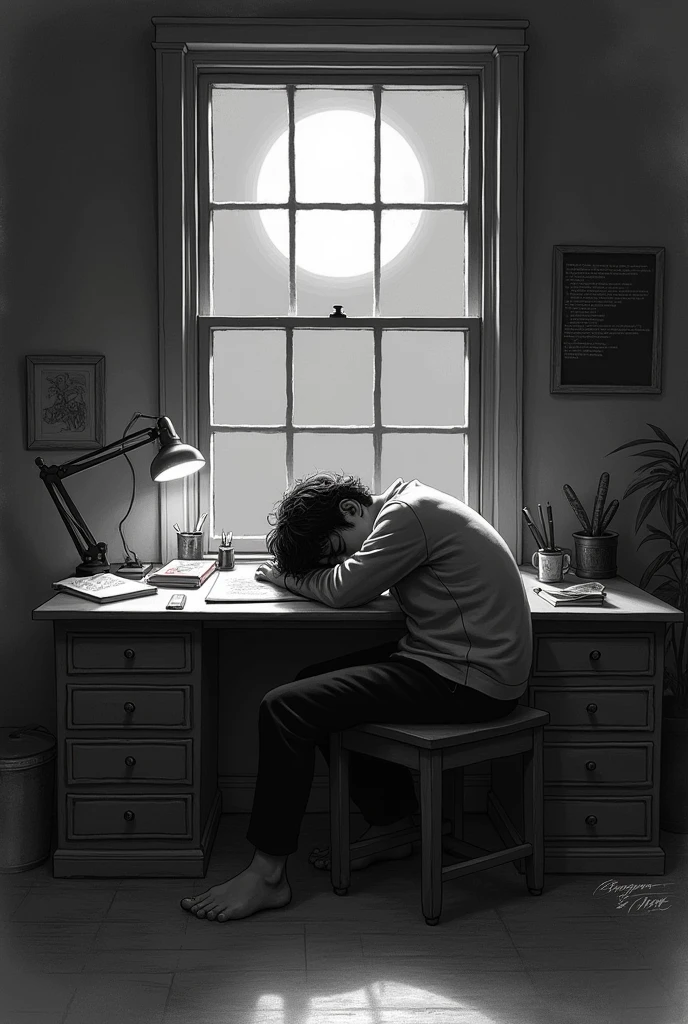 I want an image of a person lying at a desk at dawn under the window and the moonlight coming through the window, There must be some notebooks on the desk and the person must have a melancholy expression., Furthermore the image must be drawn and in black and white