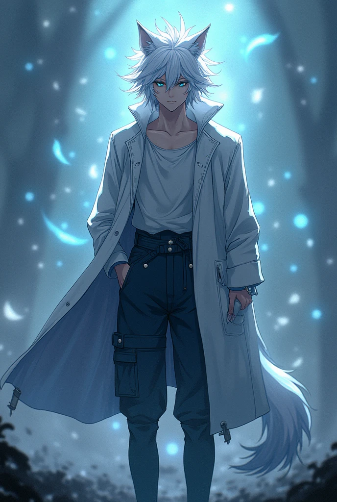 A age anime boy who's 6'3 and has fair skin,white hair,blue eyes and jas ergokinesis and has a wolf tail and wolf ears