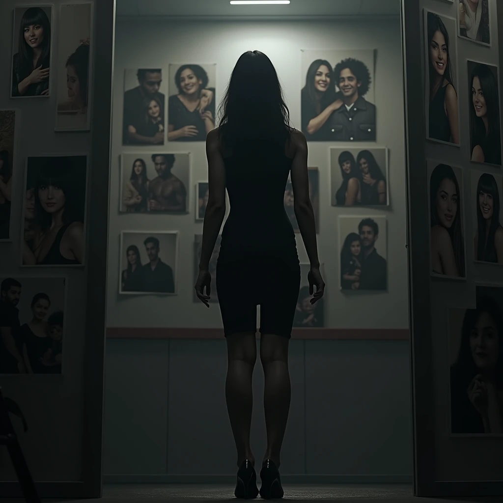 a woman with long black hair from behind wearing a tight black dress, with black heels. She is standing with her back turned in an office, which is full of printed images glued to the walls, (all the images are the same) of a brunette woman with her children who are 2 year old twins, with jet black hair, a girl with long hair and bangs, a short-haired boy. they smile at the camera. Hugging the woman and a muscular black haired man in a black shirt and pants. family photo of 4.