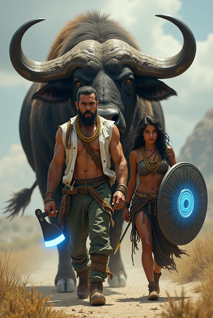 An ugly hunter with a gold chain that goes from one shoulder to waist with a white shirt , green pants and brown shoes , in his left hand he holds an axe with white neon on its blade and in his right hand a shield with blue colors and great illumination and beside him a woman with thick legs and her appearance is that of a warrior with two spears and a face like that of a Brazilian woman with dark brown skin and a long black skirt with gold details. They are being led by a very large, menacing-looking buffalo. , with blue horns