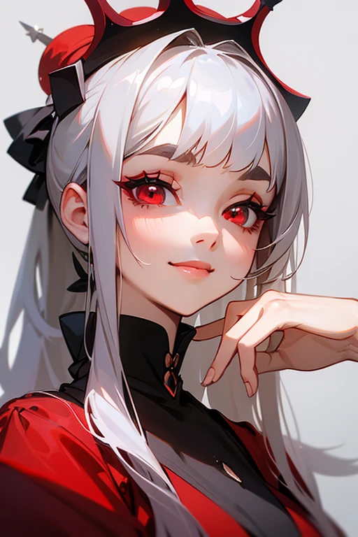 (Highest quality, masterpiece:1.2), High resolution, The highest masterpiece、Very detailed, Realistic:1.37, Fantasy, An illustration,Gray Hair、 Red eyes、Queen, Red dress、beautifully、Eyeshadow Red、Thick eyebrows、Long eyelashes、pupils are black、shiny on the lips、Top Sites、Queen、PRİNCESS、A kind smile、Soft impression、people々々々Loved by、Slimming the face、Shoulder Bare、ponytail、Kissing Face、Long white hair、Shaggy Bangs、(Save face image).(Gothicta)、(A kind smile)、(Background white)、