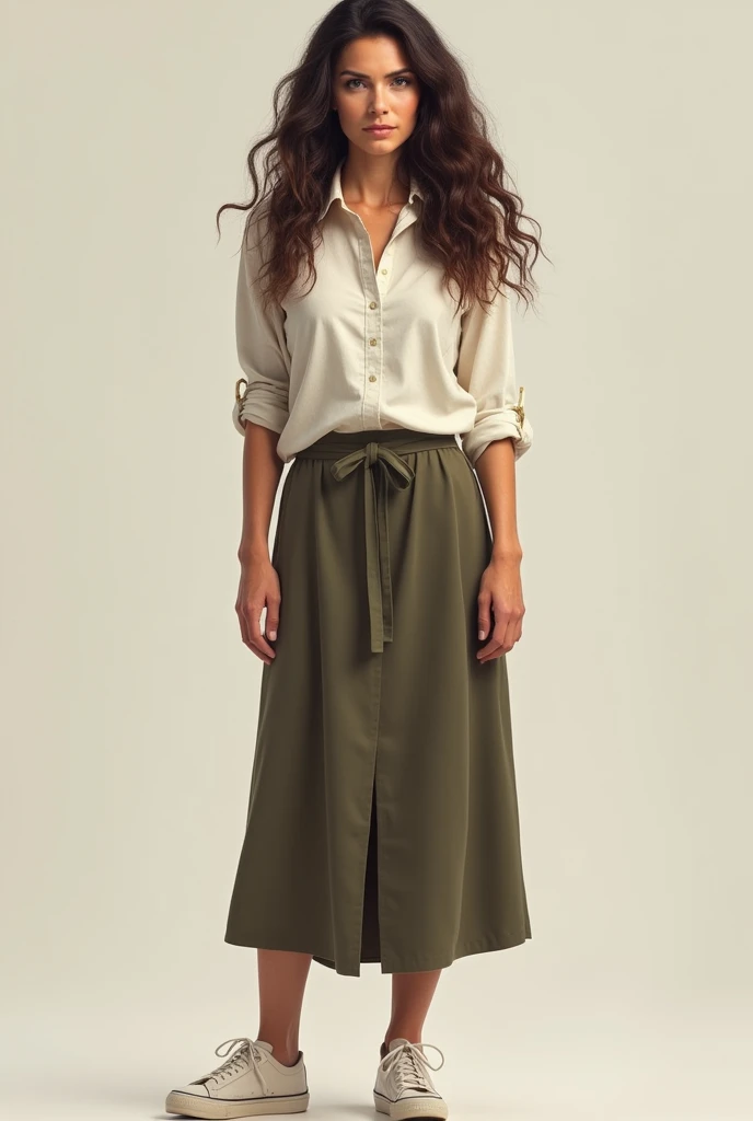 A brunette woman, forty years old, Bullish, long brown hair, coily hair, small brown eyes, Round face, wearing long skirt with white shirt, wearing sneakers.