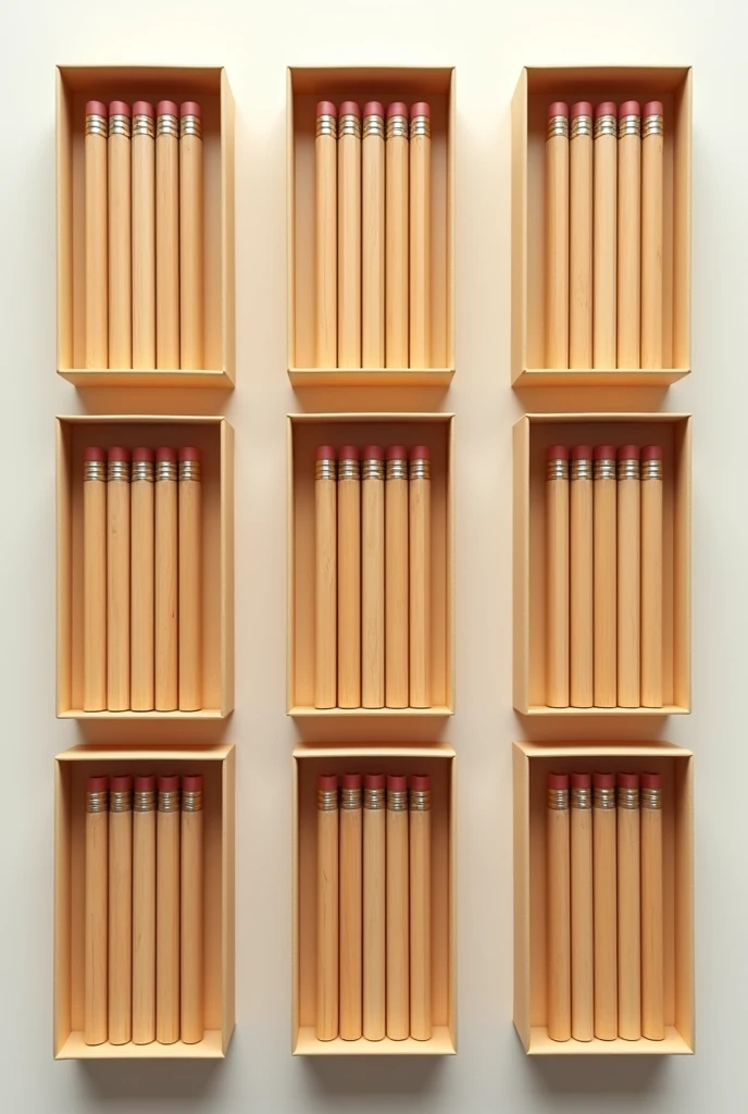 Create nine boxes that contain 6 pencils inside each one