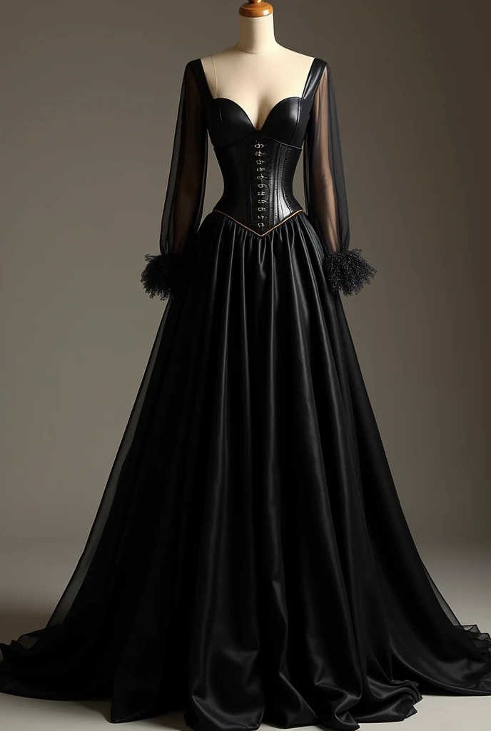A black shiny dress inspired by Cinderella's corset, long not so fluffy and long sheer sleeves black on the arms more open skirt