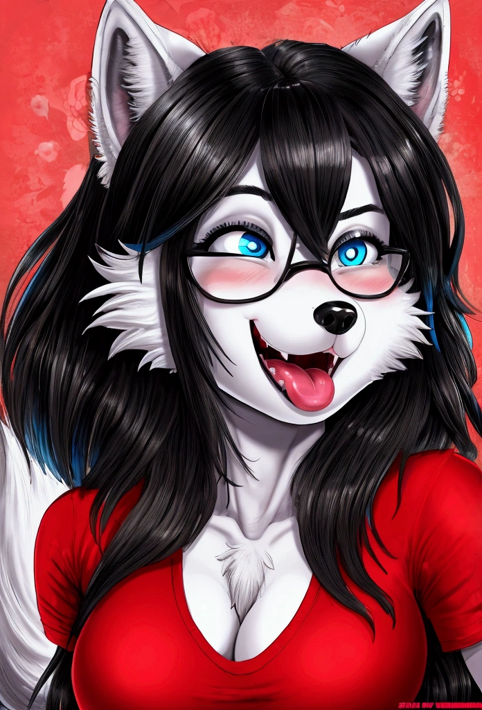 (by shadman),alone, punctuation_9,punctuation_8_High above,punctuation_7_High above, a young hairy wolf Anthro nerd,child,feminine,young wolf girl, wolf muzzle, white hairy body, Cao Cao, long messy black hair,long hair, Bblack hair, white wolf tail, black glasses, blue colored eyes, white wolf ears, white wolf tail, breasts small, wearing a red t-shirt, short preto ,,he would be,fly away,portraite,unexpressive,close up looking forward,white ear,icons,high qualiy,ahegao,excited