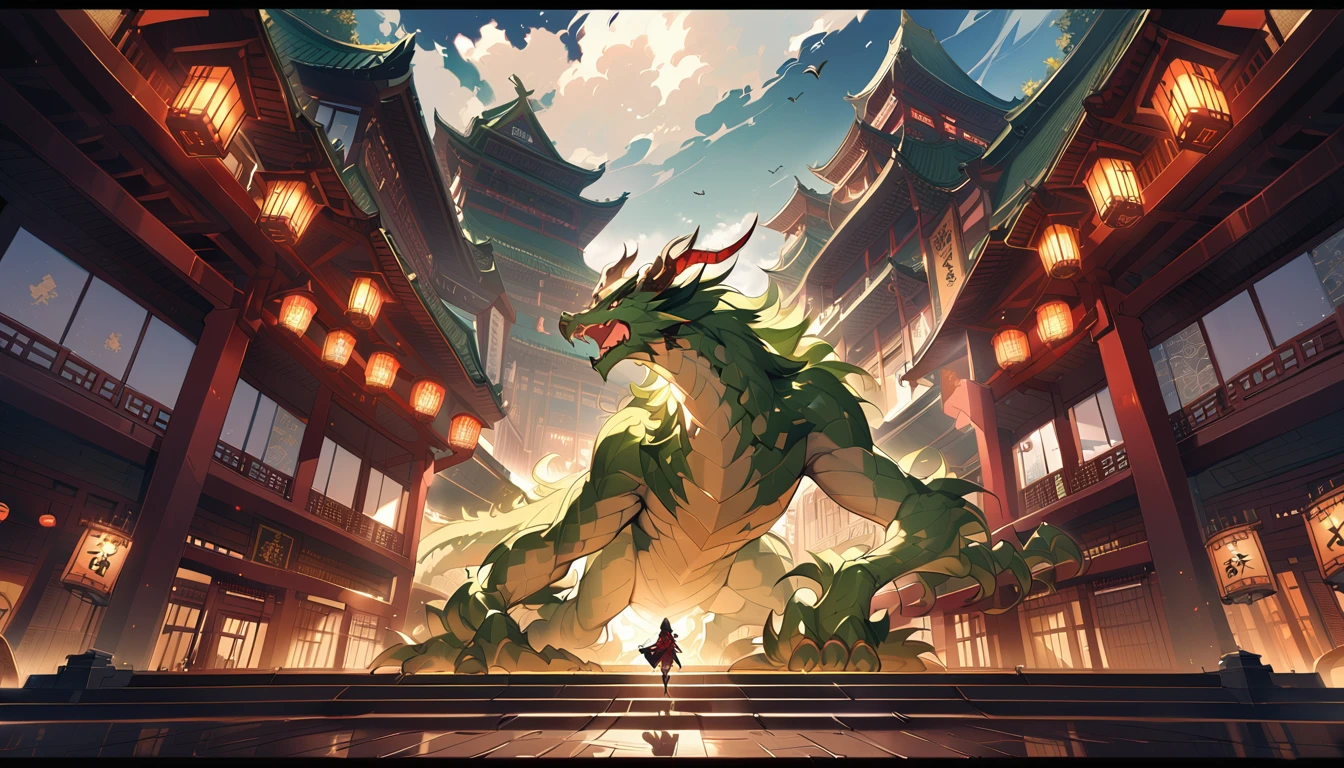 BJ_Sacgreen_bEast,green_eye,Outdoor,Horn,null,cloud,no_human,bird,cloudy_null,scenery,stage,Fantasy,Dragon,architecture,East_Asian_architecture,Eastern_Dragon,Cinema Lighting,Strong contrast,High level of detail,Highest quality,masterpiece,