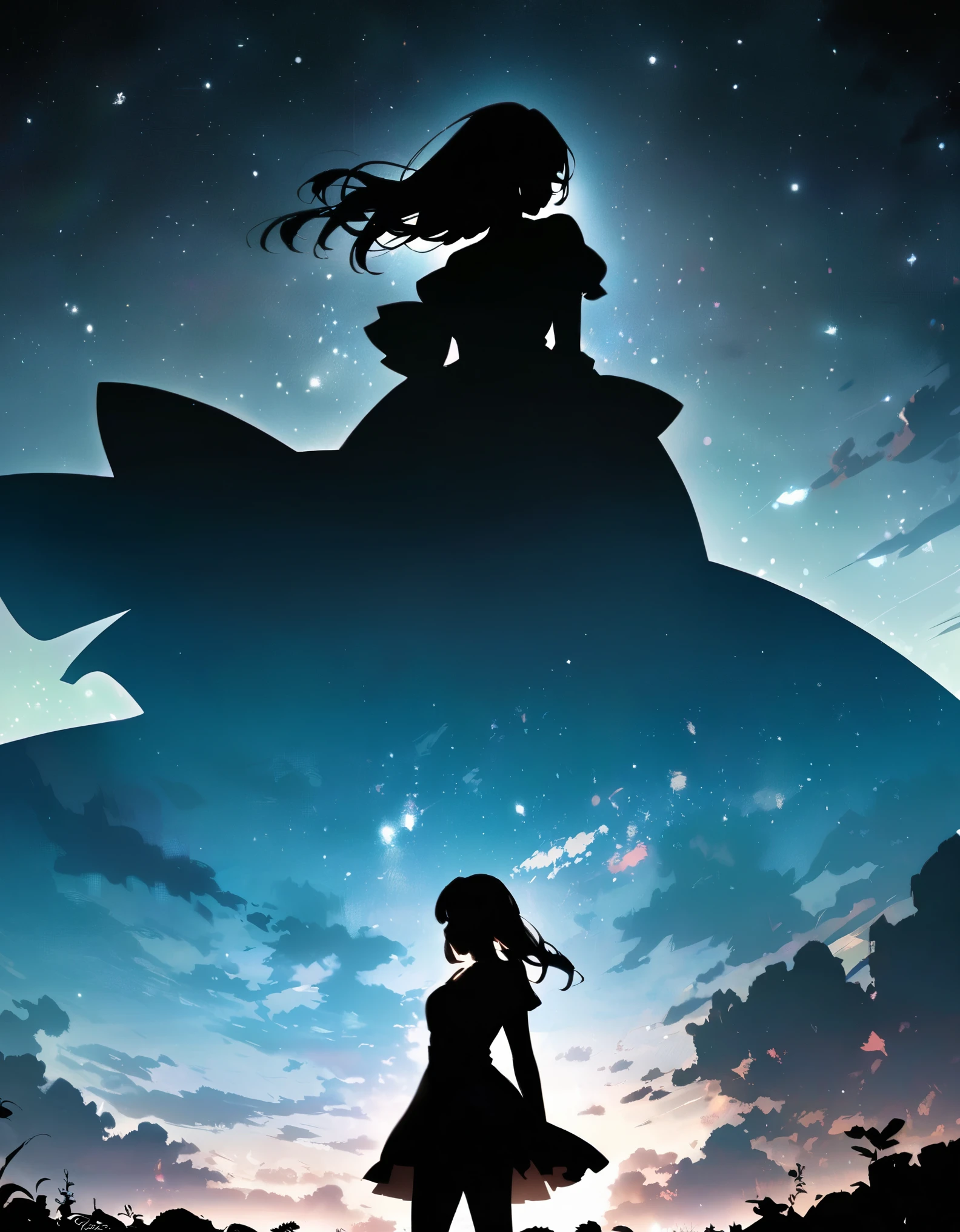 Woman silhouette, Sexy woman's back view, Long Hair, Backlight, Urban Background:1.2, Anime Style:1.2, Dark silhouette, Cowboy Shot, Dramatic lighting, Cinematic composition, Bright colors, Chiaroscuro, (Highest quality:1.2, 4K, 8K, Very detailed, High detail, masterpiece:1.2, Highest quality, Best aesthetics),
