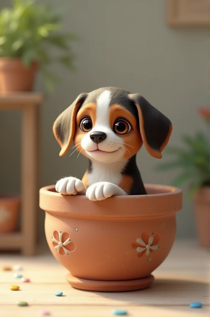 Beagle puppy inside a pot