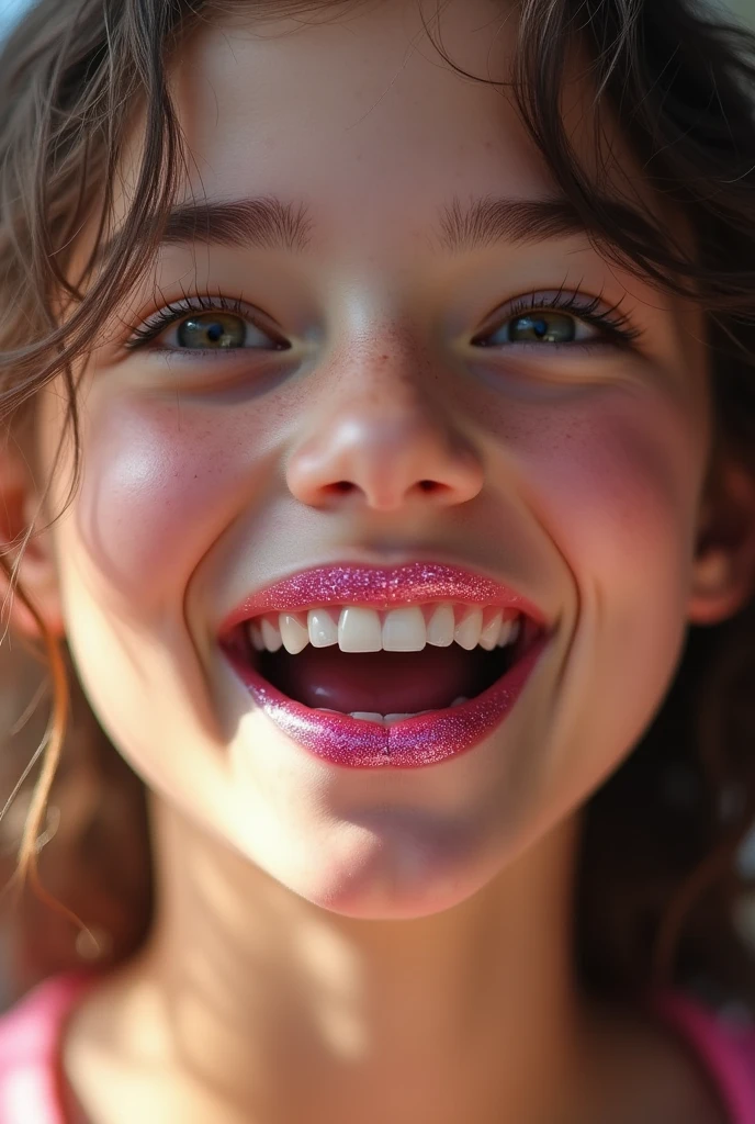 Extreme closeup of a female younger teen’s mouth, wearing pink glitter lipstick, eyes barely open, ((mouth very wide open and smiling)), photorealistic, extreme skin detail, 8k, wallpaper