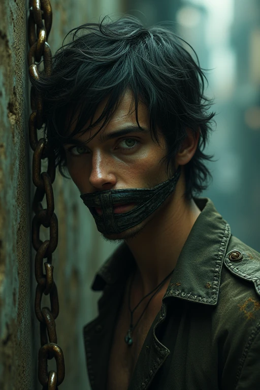 He's cute and hot. He is tall with dark messy hair that reaches his shoulders. His face features attractive, sharp features along with green eyes. He has fair skin and a lean build. Despite his good looks, his clothes are messy and torn. He's currently chained to a wall market and muzzled
He's sexy and attractive
