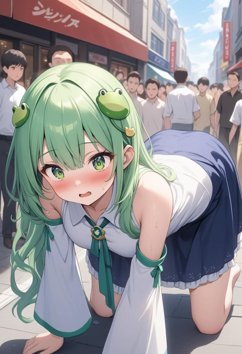 Long shot,ground shot, ground shot,glowing skin, high quality, masterpiece,beautiful girl, kochiya sanae,, green hair, long hair, green eyes,frog hair ornament, hair tubes, snake hair ornament, collared shirt, white shirt, detached sleeves, wide sleeves, blue skirt, frilled skirt, not wearing underwear,unique, (very beautiful face,wink,blushing face),young,break,(sexy pose:1.3),top-down bottom-up,hand on own ass sweating,break,shopping street in the daytime,(surrounded by a crowd, (surprised and noticed by many people))