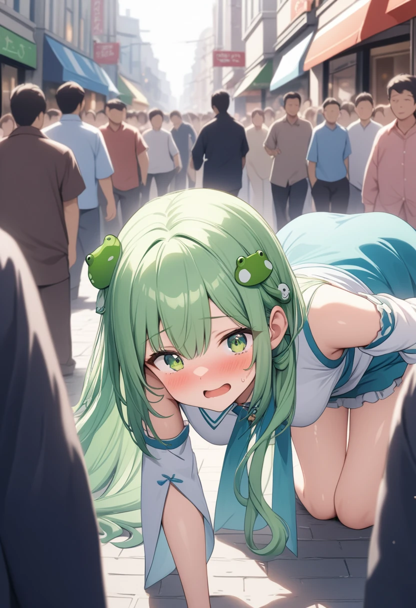 Long shot,ground shot, ground shot,glowing skin, high quality, masterpiece,beautiful girl, kochiya sanae,, green hair, long hair, green eyes,frog hair ornament, hair tubes, snake hair ornament, collared shirt, white shirt, detached sleeves, wide sleeves, blue skirt, frilled skirt, not wearing underwear,unique, (very beautiful face,wink,blushing face),young,break,(sexy pose:1.3),top-down bottom-up,hand on own ass sweating,break,shopping street in the daytime,(surrounded by a crowd, (surprised and noticed by many people))