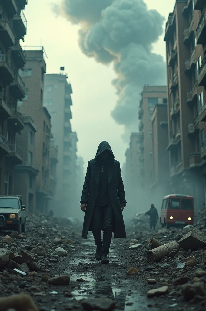A hooded man walking as the city around him is destroyed