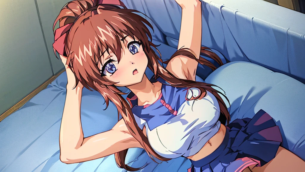 (Anime artwork, Anime Style, Studio Anime, Very detailed, Latest, Vibrant, Anime Coloring Book, High Contrast, masterpiece:1.2, Highest quality, Best aesthetics), (Beautiful and detailed:1.2), Aoi Tennis, 1 personで, 1 person, (cheerleader:1.3), (pleated skirt:1.3),(stripe crop top:1.2), sleeveless shirt, large breasts,miniskirt, thighs,short hair,two side up, hair ornament, It's not a tennis uniform., It's not a leotard., Not a swimsuit, blush,((cute笑顔 Open your mouth Lying on a pink bed, Looking at the audience)), On the bed, From above, Looking at the audience, Asymmetrical bangs, Perfect Proportions, Skin with attention to detail, cute, Detailed face,