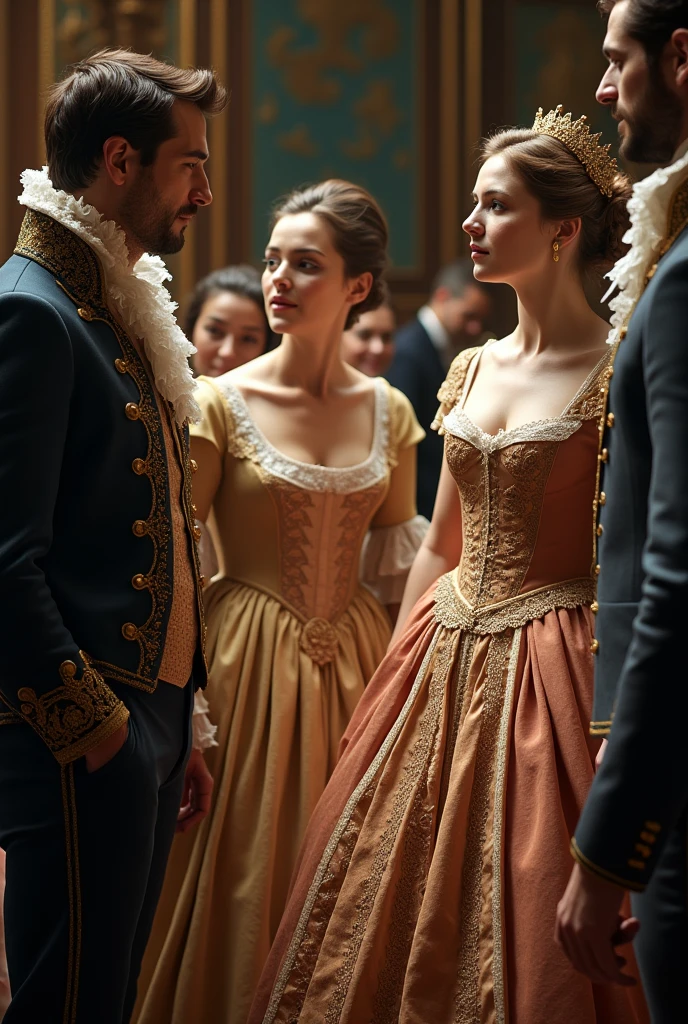 Men and women amazed by 18th century clothing