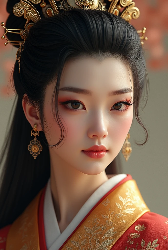 a beautiful detailed portrait of Empress Himiko, the first known female ruler of ancient Japan, exquisite detailed face and eyes, long eyelashes, intricate hairstyle, wearing ornate ceremonial robes, photorealistic, highly detailed, 8k, hyperrealistic, dramatic lighting, warm color palette, masterpiece
