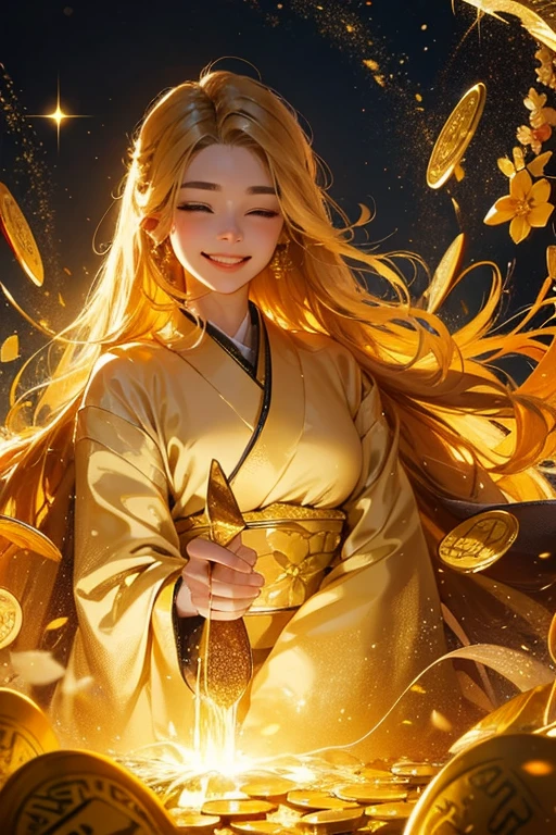 With a mountain of gold bars in the background、A beautiful woman in a golden kimono is smiling。, Gold coins, Gold dust sparkles in the air.Gold bars are pouring down.。
