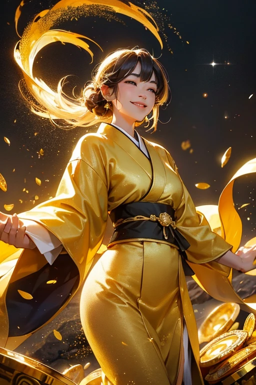 With a mountain of gold bars in the background、A beautiful woman in a golden kimono is smiling。, Gold coins, Gold dust sparkles in the air.Gold bars are pouring down.。