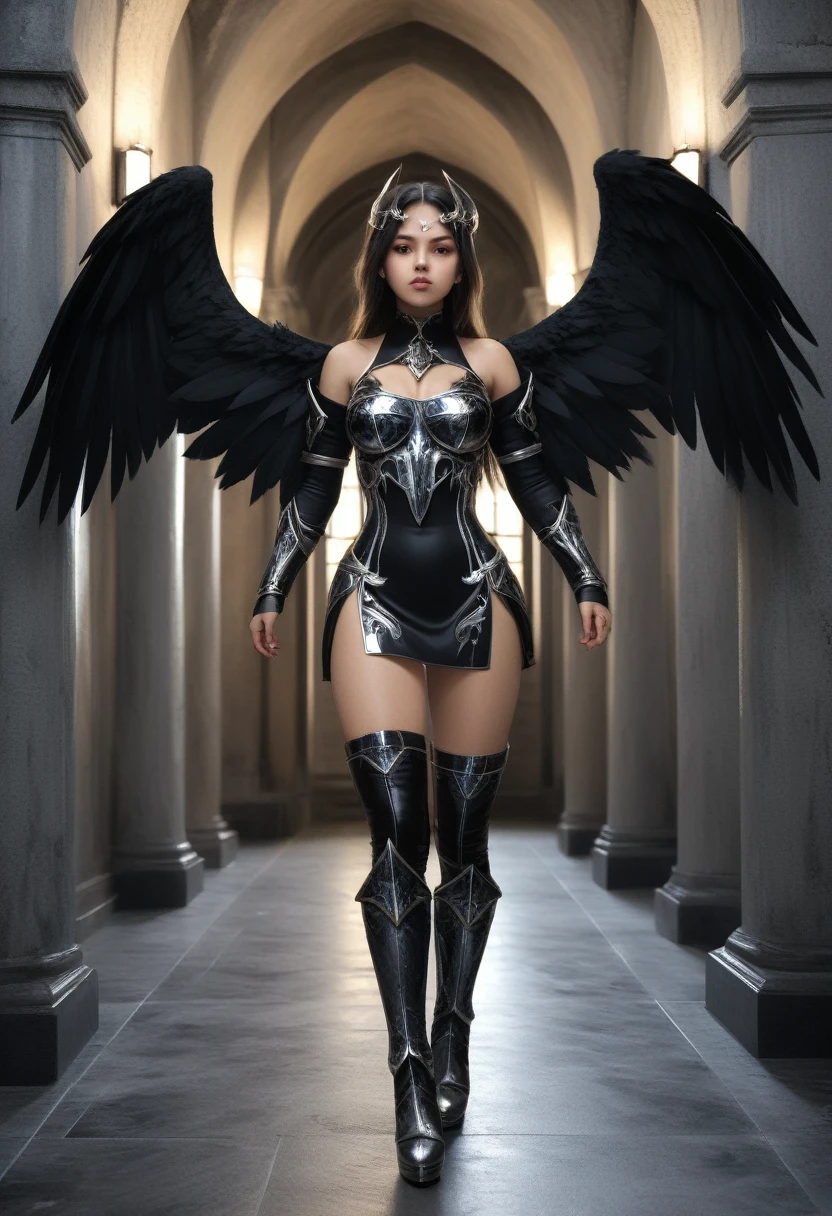 RAW photo, (photo flash:1.5) (fashion photography) (pictorialist style), fashion shot, realistic photo style, sharp focus,
(full body shot) of a 20 yo cute woman in a black and silver miniskirt outfit with wings, beautiful dark angel girl, warrior angel, villainess has black angel wings, angel knight gothic girl, angel in glossy metallic black and silver miniskirt armor, crown in armour, angry or intense looking, lightly open-mouthed, reveal sorrow, cute face, eye level, focus on eyes, she is wearing a sleek metallic knee-high boots, form-fitting silhouette,
touch-responsive panels, adaptive color-changing, avant-garde asymmetry, integrated tech accessories, gravity-defying drapes, translucent mesh inserts, biomimetic textures, 3D-printed details, energy-efficient materials, microfiber sensors, minimalist cutouts, modular layering, neural interface compatibility, solar-charging capabilities,
She is standing to pose for a photo in a long medieval corridor with wall torches illuminating the whole corridor,
world photo location is a corridor scene from dungeons and dragons movie: moviestill, dark mysteries, augmented reality, eerie silence, melancholic undertones, abandoned corners, forbidden desire cinematic volumetric lighting, ultra realistic, shot with Sony Fx6
