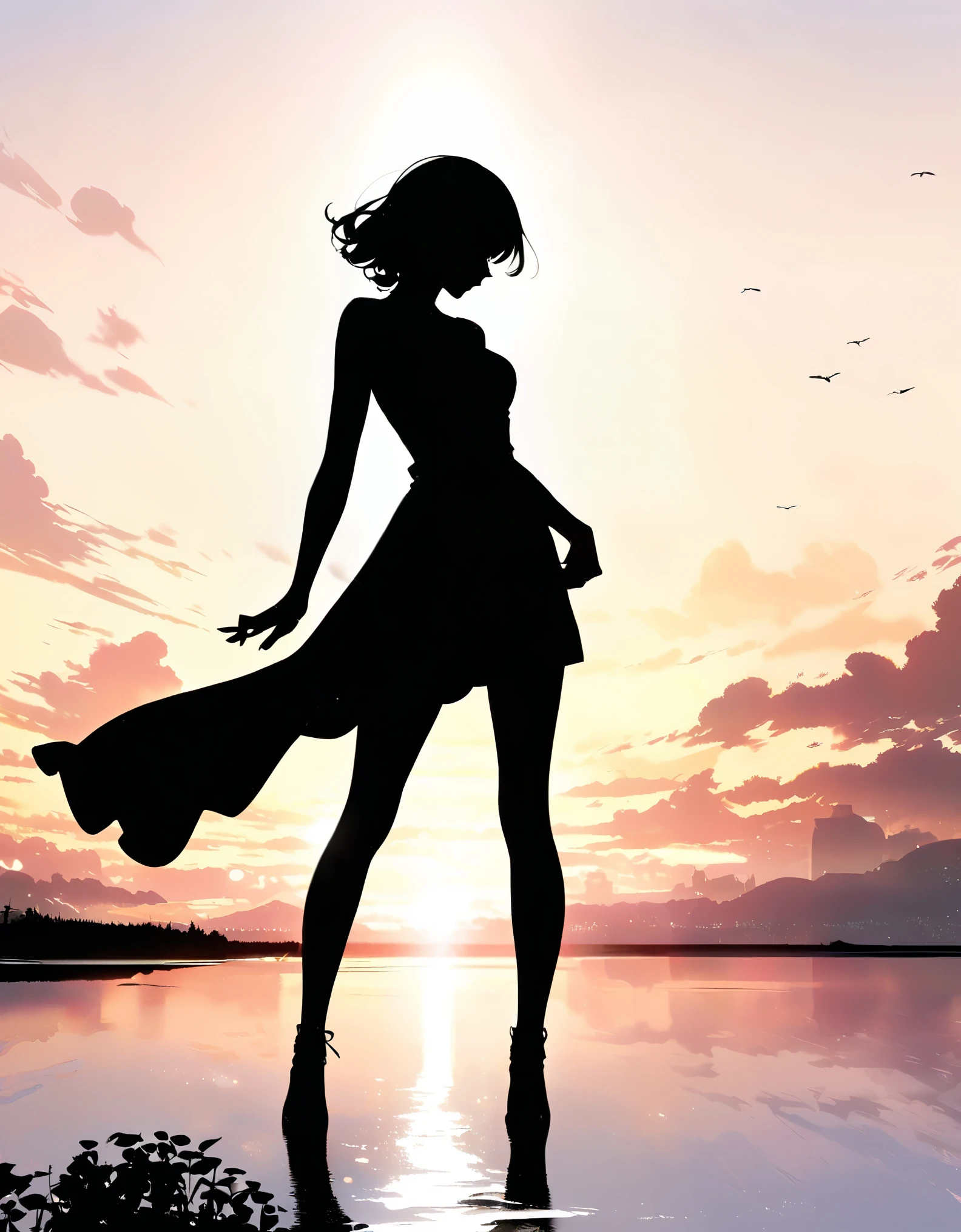 Woman silhouette, Sexy woman&#39;s back view, Long Hair, Backlight, Urban Background:1.2, Anime Style:1.2, Dark silhouette, Cowboy Shot, Dramatic lighting, Cinematic composition, Bright colors, Chiaroscuro, (Highest quality:1.2, 4K, 8K, Very detailed, High detail, masterpiece:1.2, Highest quality, Best aesthetics),