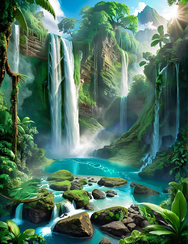 A stunning illustration of a towering waterfall cascading into a crystal-clear lagoon surrounded by lush foliage. An imaginative scene where multiple waterfalls converge in a mystical, hidden valley. Hill The waterfall falls like a staircase. Plunge