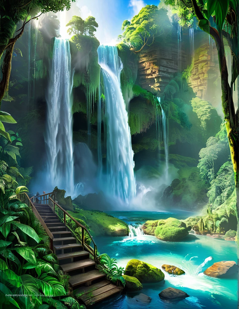 A stunning illustration of a towering waterfall cascading into a crystal-clear lagoon surrounded by lush foliage. An imaginative scene where multiple waterfalls converge in a mystical, hidden valley. Hill The waterfall falls like a staircase. Plunge