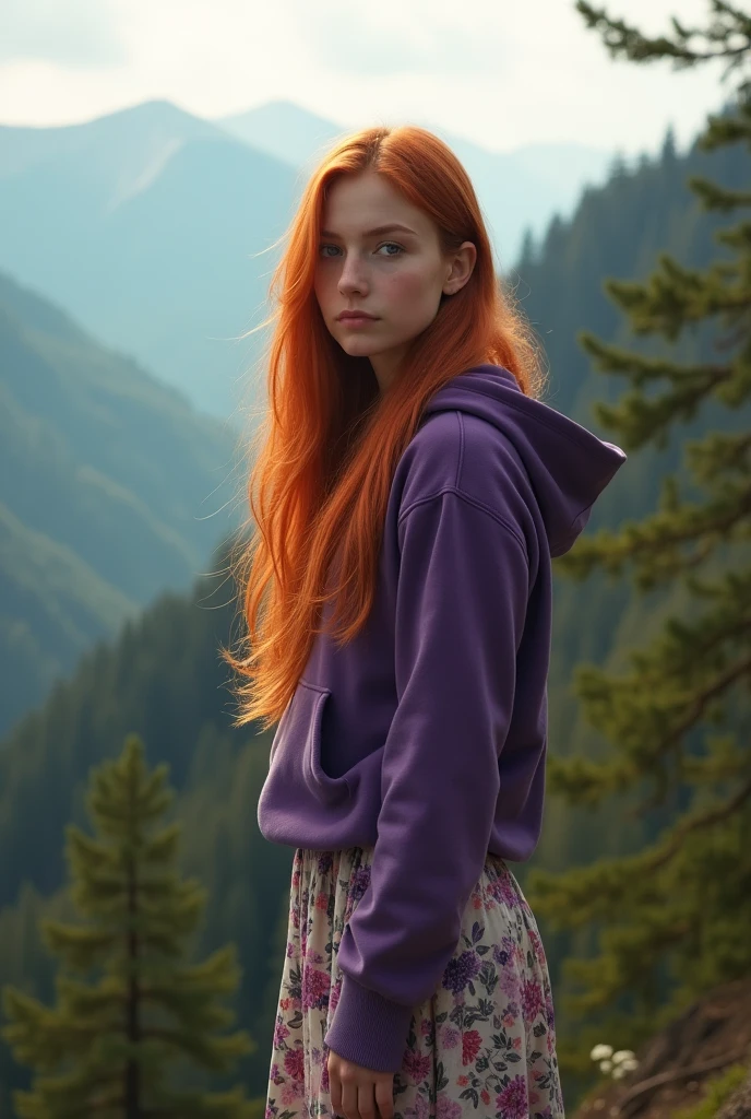 Portrait of a 17-year-old Russian girl with long straight red hair wearing a purple hoodie and a long floral skirt,Standing on the edge of a beautiful mountain surrounded by lush green trees in the morning atmosphere